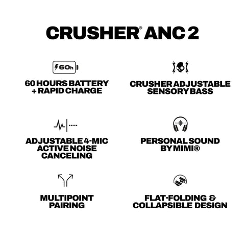 Graphic features of Crusher ANC 2 Wireless Over Ear Headphones With Feel The Bass Multi Sensory Crusher Bass Tech Adjustable Four Mic Active Noise Cancelling Up To Sixty Hours Battery Built In Mic For iPhone And Android True Black.