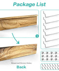 Package contents showing wooden pegboard shelves with lip, metal brackets, and screws for 14x4 inch pegboards.