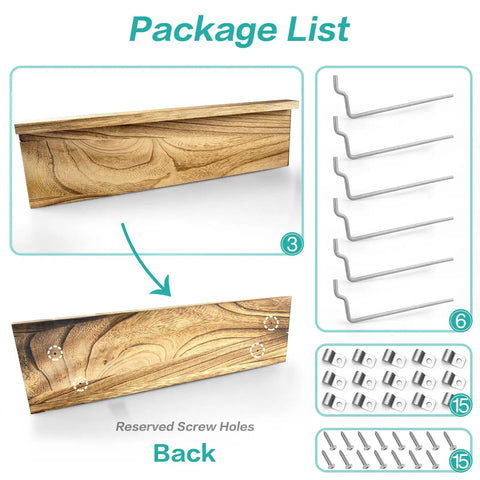 Package contents showing wooden pegboard shelves with lip, metal brackets, and screws for 14x4 inch pegboards.