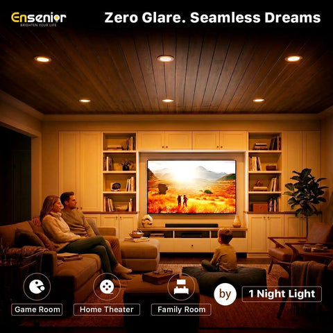 Cozy living room with Dual Mode Five Six Inch LED Can Lights With Night Light 24 Pack 5CCT Dimmable Retrofit Recessed Lighting