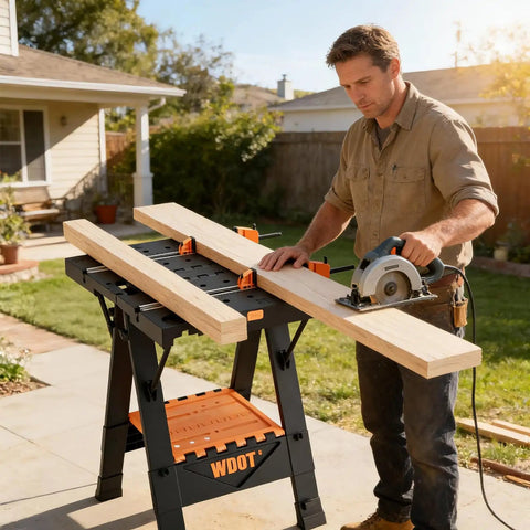 Man using circular saw on 2-In-1 Folding Work Bench And Sawhorse For Quick Setup Portable Work Table in outdoor setting