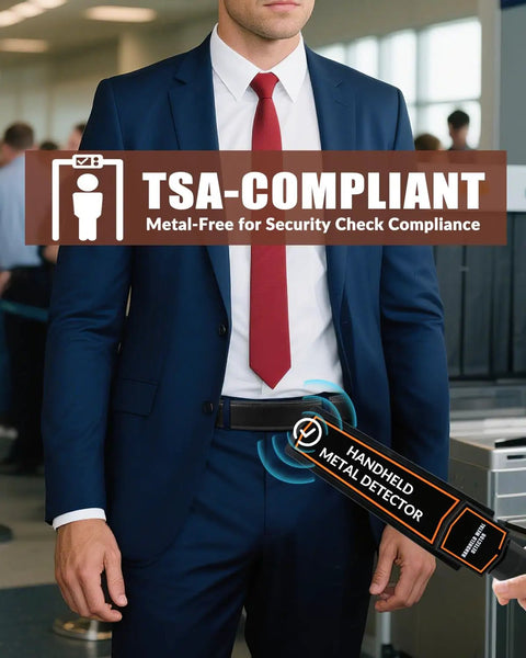 Man in suit at airport security wearing Buckleless Leather Belt For Men With Hook And Loop Closure 1.5 Inch Scratch Proof