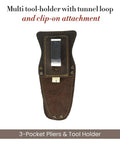 Back view of Three Pocket Pliers And Tool Holder Leather Pouch For Belt Full Grain Oiled Leather Rugged Multi Tool Carrier In Dark Brown