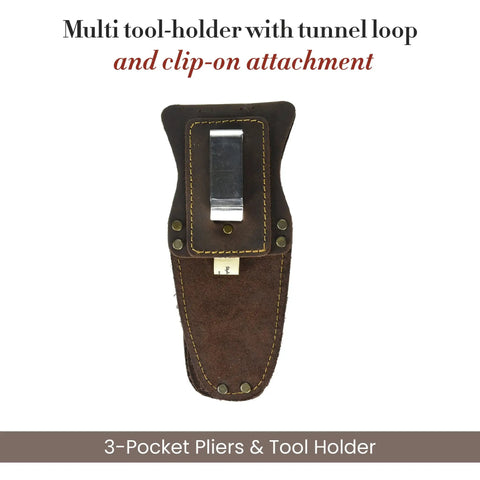 Back view of Three Pocket Pliers And Tool Holder Leather Pouch For Belt Full Grain Oiled Leather Rugged Multi Tool Carrier In Dark Brown