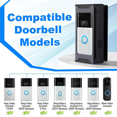 Image showing compatible doorbell models for Anti Theft Video Doorbell Mount With Adjustable Angle For Ring And Blink Wireless Doorbells No Drill Battery Doorbell Bracket For Homes Apartments And Businesses Keeps Your Doorbell Safe Properly Oriented And Easy To Monitor, including various Ring and Blink models.