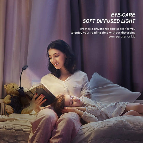 Woman reading in bed with rechargeable clip on book light for reading in bed with 3 color modes and 9 brightness levels eye care LED lamp, child sleeping next to her.