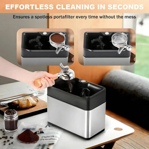 Electric Coffee Knock Box And Portafilter Cleaner With Dual Brush Heads, Automatic Filter Holder Scrubber in use, showing cleaning action.