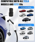 Tesla Compatible Level 2 EV Charger 40 Amp 240V shown with Tesla and J1772 vehicle compatibility, 26 ft cable visible