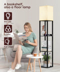 Shelf Floor Lamp With Solid Wood Shelves And USB Charging Ports displayed in living room setting with a person reading.
