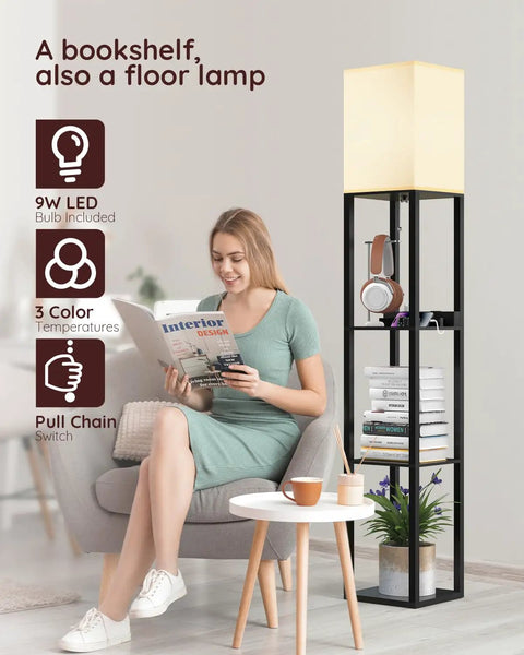 Shelf Floor Lamp With Solid Wood Shelves And USB Charging Ports displayed in living room setting with a person reading.