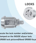 Close-up of Speed Queen coin laundry machine lock and key number GR888 for commercial washers and dryers.