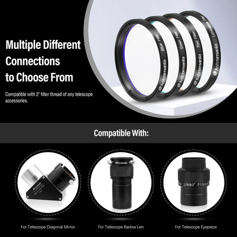 Deluxe LRGB 2 Inch Filter Set for Astrophotography with Monochrome CCD Cameras, showcasing filter compatibility options.