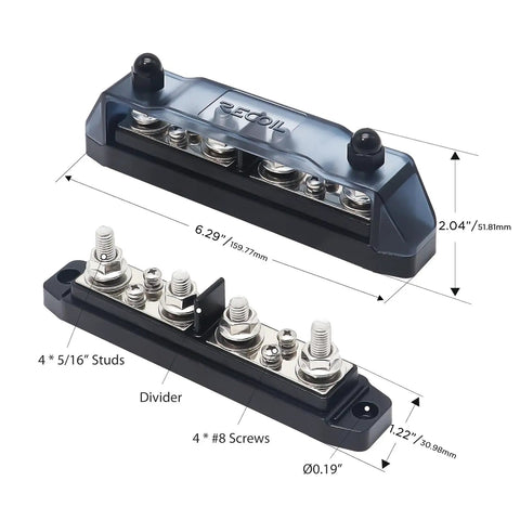 Heavy Duty Power Distribution Block Bus Bar With Four Positive And Four Negative Terminals Plus Insulated Ring Ends built tough for car audio.
