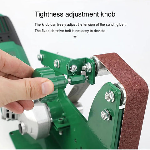 Portable Mini Electric Belt Sander Bench Grinder with adjustable tightness knob for precise sanding tension control.