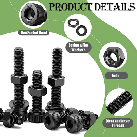 380 Piece M4 Hex Socket Head Cap Bolts Set With 6mm 8mm 12mm 16mm 20mm 30mm Lengths, 4mm Thread, 12.9 Grade Alloy Steel, Galvanized Finish