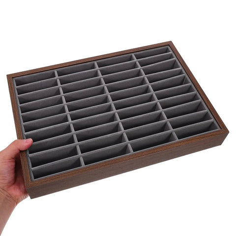 Premium Wooden Jewelry Tray Featuring Forty Smooth Compartments And Plush Velvet Insert for organizing bracelets and bangles.