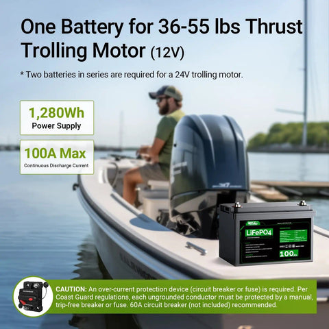 12V 100Ah LiFePO4 Battery With Built In BMS for RV Off Grid Solar Trolling Motors And Marine Use 1280Wh Deep Cycle Power next to boat engine