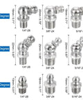 36-Piece Nickel-Plated Steel Grease Fittings Kit With Straight And Angled Nipples, 90°, 45°, 180° - 1/4-28, 5/16-24, 3/8-24 Threads