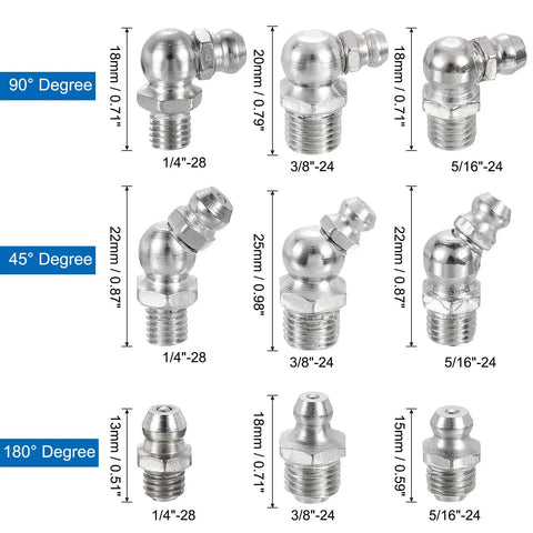 36-Piece Nickel-Plated Steel Grease Fittings Kit With Straight And Angled Nipples, 90°, 45°, 180° - 1/4-28, 5/16-24, 3/8-24 Threads