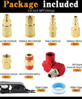 Beefed Up Quick Connect Hose Fittings Kit For Air Compressors 1/4 Inch NPT With 360 Degree Swivel Couplers And Plugs 22 Piece Set Includes Nipples Teflon Tape For Pro DIY Air Tool Setup, package contents