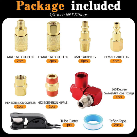 Beefed Up Quick Connect Hose Fittings Kit For Air Compressors 1/4 Inch NPT With 360 Degree Swivel Couplers And Plugs 22 Piece Set Includes Nipples Teflon Tape For Pro DIY Air Tool Setup, package contents