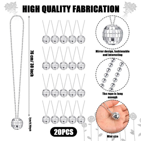 Mirror Disco Ball Necklaces Set Of 20 Silver Hanging Ornaments For 70s Party, Mini 0.79 Inch, shown with 30-inch chains