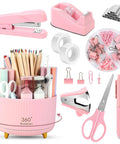 Pink Desk Accessories Set For Home Office 10 Piece Including 360 Degree Rotating Pen Holder Stapler Staple Remover Tape Dispenser Two Tape Refills Scissors Ruler Push Pins Binder Clips Paper Clips Kit displayed