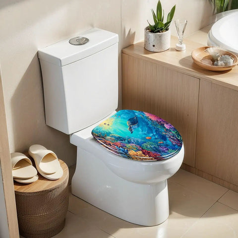 Elongated Toilet Seat Slow Close Home Bathroom with colorful underwater design in a modern bathroom setting.