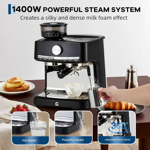 Top Shelf 20 Bar Espresso Maker With Built In Coffee Grinder And Pro Steam Frother For Cafe Quality Shots Featuring 30 Precision Grind Settings And Durable Stainless Steel Black Finish, showcasing 1400W steam system with adjustable steam wand.