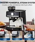 Smooth Operator Espresso Maker With Built In Grinder And Silky Milk Frother, 20 Bar Pressure Coffee Brewer, 1.5L Tank And 30 Custom Grind Options For Your Daily Brew At Home Or Office with adjustable steam wand and cup.