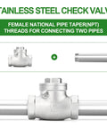 Front view of stainless steel 1-1/4 in NPT female swing check valve (CF8) for backflow prevention.