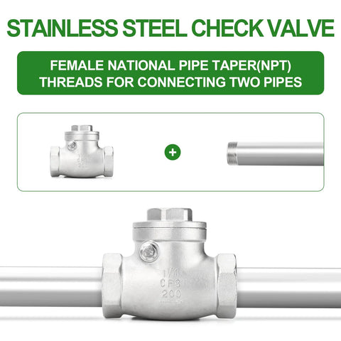 Front view of stainless steel 1-1/4 in NPT female swing check valve (CF8) for backflow prevention.