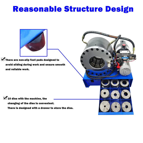 Heavy Duty Electric Hose Crimper With Ten Precision Dies For High Pressure Hydraulic Lines One Quarter To Two Inches 12 Volt 2200 Watt showing non-slip foot pads and storage drawer for dies.