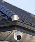 4K Ultra HD PIR Dome Security Camera With Night Vision, Indoor Outdoor Surveillance, Heat And Motion Sensor, mounted on exterior roof corner