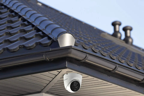 4K Ultra HD PIR Dome Security Camera With Night Vision, Indoor Outdoor Surveillance, Heat And Motion Sensor, mounted on exterior roof corner