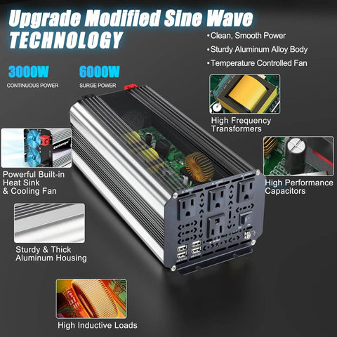 Heavy Duty 3000 Watt Power Inverter Converts 12V Dc To 120V Ac with aluminum housing and LCD output for efficient power supply.