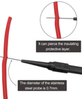 Close-up of Four Pack 0.7mm Test Probe Pins With Non Destructive Insulation Piercing Needles shown piercing insulation layer.