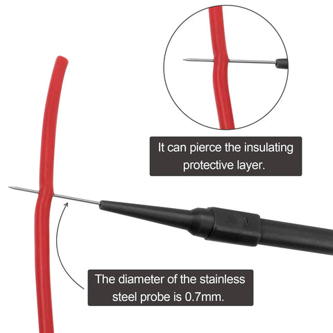 Close-up of Four Pack 0.7mm Test Probe Pins With Non Destructive Insulation Piercing Needles shown piercing insulation layer.