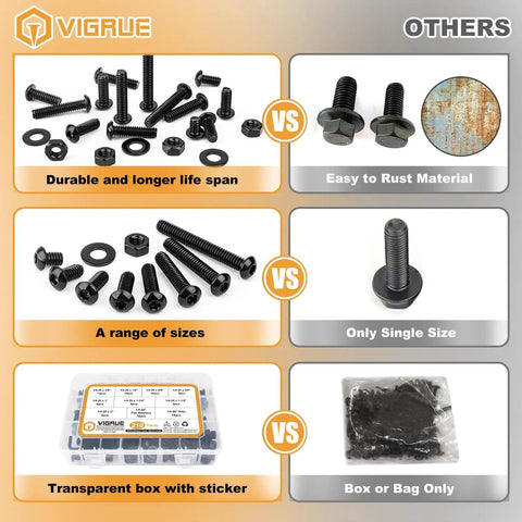 210-Piece Button Head Socket Cap Bolts Set With Nuts And Washers, 1/4-20 Thread, 3/8-2 Inch, Black Oxide 304SS, Allen Hex Drive