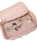 Heavy Duty Mesh Travel Dresser, Large Capacity Hanging Closet Organizer interior with straps for hotel and camping use.