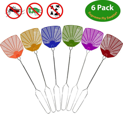 Bug And Fly Swatter 6 Pack With Braided Metal Handles in assorted colors for indoor outdoor use, heavy duty bug killer