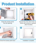 Product installation steps for Built Like A Tank 12 By 12 Inch 304 Stainless Steel Access Panel With Secure Lock And Keys.