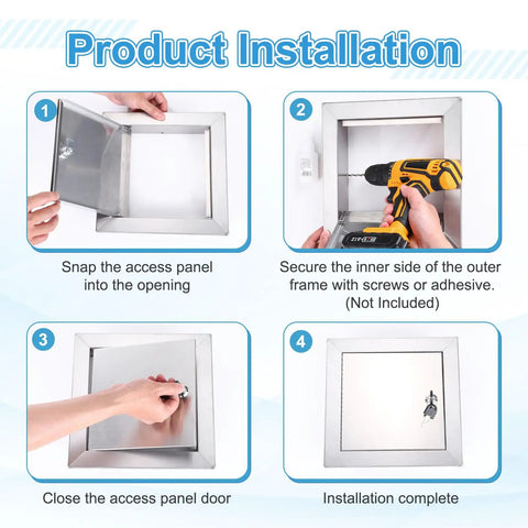 Product installation steps for Built Like A Tank 12 By 12 Inch 304 Stainless Steel Access Panel With Secure Lock And Keys.