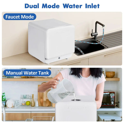 No Sweat Setup Portable Countertop Dishwasher With Five Liter Tank And Faucet Hose Six Wash Programs, showing faucet and manual water supply modes.