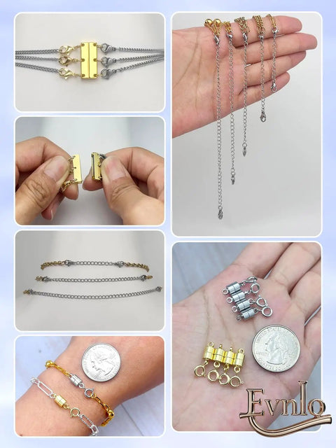 All-In-One Necklace Extender And Magnetic Clasp Set For Layering, Gold And Silver Styles, shown with chain extenders and separators