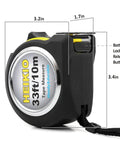 Double Sided Measuring Tape 33 Feet 10 Meters With Fractions In Inches And Metric Retractable Tape Measure With Magnetic Hook And Double Stop Buttons For Quick Accurate Readings And Pro Grade Handy Tool For DIY Projects, black ABS case