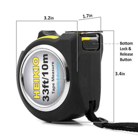 Double Sided Measuring Tape 33 Feet 10 Meters With Fractions In Inches And Metric Retractable Tape Measure With Magnetic Hook And Double Stop Buttons For Quick Accurate Readings And Pro Grade Handy Tool For DIY Projects, black ABS case