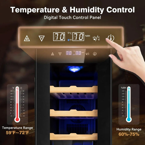 Digital touch panel on 35L Temperature And Humidity Controlled Cooler Cabinet With Spanish Cedar Shelves And Safety Lock, 300 Count Capacity.