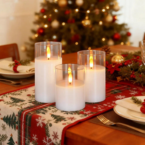 Clear Glass Flameless Candles With Timer And Remote Control Battery Powered LED Pillar Candles Set Of 3 In White Wax