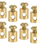 No Sweat Adjustable Cable Stop Barrel Kit With Heavy Duty Threaded Cable Adjusters For Motorcycles Go Karts And Brake Systems - Solid Steel Housing Nipples Built Like A Tank, set of 8 golden steel cable adjusters.